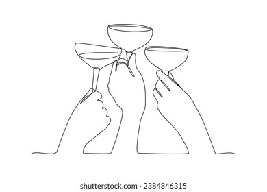 Una línea contínua de gente feliz que se clica lentes y bebe en la fiesta de celebración. Concepto de amigos. Ilustración del vector Doodle en un estilo lineal simple.