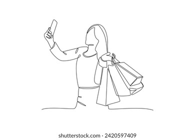 One continuous line drawing of Happy people shopping at mall. Shopping concept. Doodle vector illustration in simple linear style.