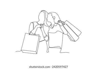 Un continuo dibujo de líneas de gente feliz comprando en el centro comercial. Concepto de compras. Ilustración del vector Doodle en un estilo lineal simple.