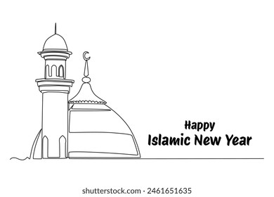 One continuous line drawing of Happy Islamic new Year concept. Doodle vector illustration in simple linear style.