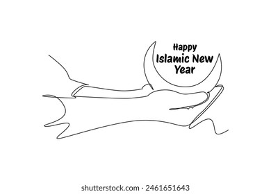 One continuous line drawing of Happy Islamic new Year concept. Doodle vector illustration in simple linear style.