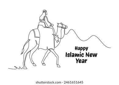One continuous line drawing of Happy Islamic new Year concept. Doodle vector illustration in simple linear style.