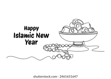 One continuous line drawing of Happy Islamic new Year concept. Doodle vector illustration in simple linear style.
