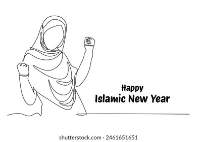 One continuous line drawing of Happy Islamic new Year concept. Doodle vector illustration in simple linear style.