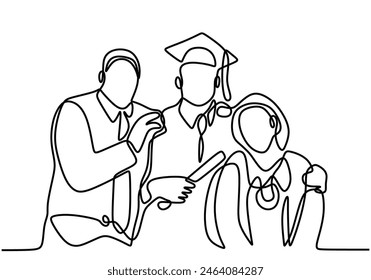 one continuous line drawing of happy graduated man student with his parents isolated on white background. Graduation concept.