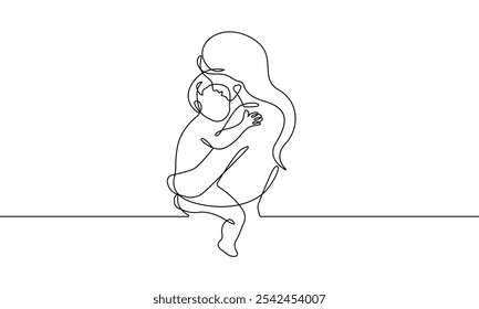 One Continuous Line Drawing of Happy Family Concept. Minimalist Vector Illustration in Simple Linear Style. Continuous One Line Drawing of Mother with Little Baby. Vector Graphic Illustration