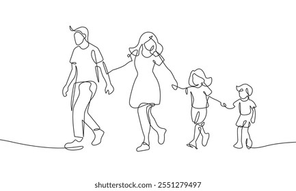 Un Dibujo de Línea Continua de Familia Feliz Caminando Juntos. Ilustración vectorial mínima en estilo lineal simple. Dibujo continuo de una línea de padres con hijos. Ilustración vectorial. No es IA