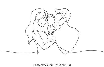 One Continuous Line Drawing of Happy Family Concept. Minimal Vector Illustration in Simple Linear Style. Continuous One Line Drawing of Parents with Child. Vector Illustration. Not AI