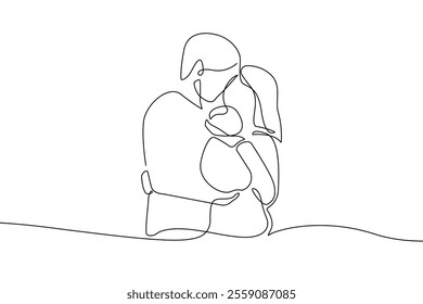 One Continuous Line Drawing of Happy Family Concept. Minimal Vector Illustration in Simple Linear Style. Continuous One Line Drawing of Parents with Child. Vector Illustration. Not AI