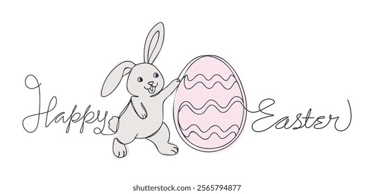 One Continuous Line Drawing of Happy Easter. Easter Rabbit, Egg is silhouette in simple linear style isolated png. One Line stroke Bunny. Vector Lettering text, t shirt, greeting cards, overlays