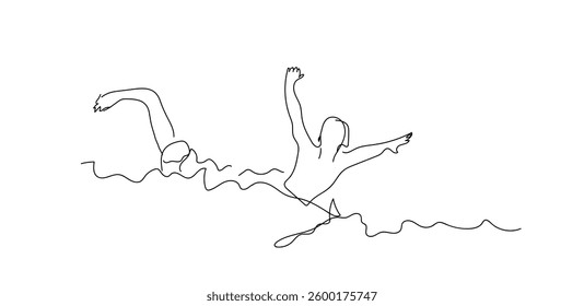 One continuous line drawing of happy people enjoying play and swimming together in pool sport center. Summer holiday vacation and parenting concept. Hand made vector not Al 

