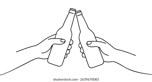 One continuous line drawing of Happy people clinking glasses and drinking at celebratory party. Friends concept. Doodle vector illustration in simple linear style.