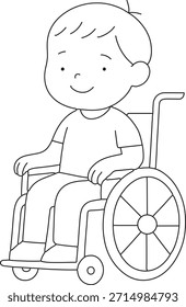 Un muchacho joven feliz sentado cómodamente en su silla de ruedas, dibujo simple del arte de la línea aislado en el fondo blanco, Vector, ilustración