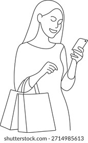 One continuous Line drawing A happy woman smiles while checking her smartphone after a successful shopping trip isolated on white background Vector illustration