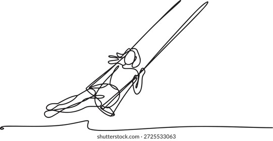 Un dibujo de línea continua de una persona feliz disfrutando de un columpio. Arte vectorial de una sola línea, diseño minimalista, infancia, juego, alegría, libertad, Ocio, al aire libre, diversión, felicidad, diversión, ocio, relajación, emoción, movimiento, dibujado a mano, contorno, silueta, aislado en un fondo transparente.