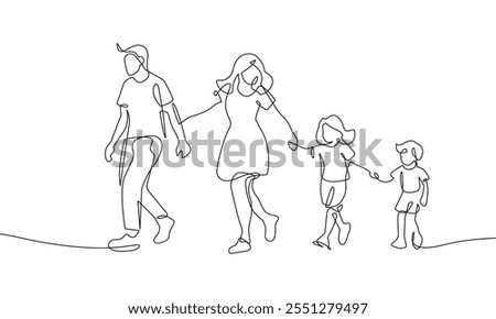 One Continuous Line Drawing of Happy Family Walking Together. Minimal Vector Illustration in Simple Linear Style. Continuous One Line Drawing of Parents with Children. Vector Illustration. Not AI