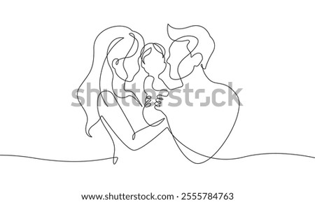 One Continuous Line Drawing of Happy Family Concept. Minimal Vector Illustration in Simple Linear Style. Continuous One Line Drawing of Parents with Child. Vector Illustration. Not AI