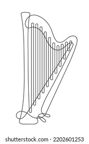 One continuous line drawing of a harp with strings isolated on a white background.