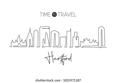 One continuous line drawing of Hartford city skyline, Connecticut. Beautiful landmark. World landscape tourism travel home wall decor poster print. Stylish single line draw design vector illustration