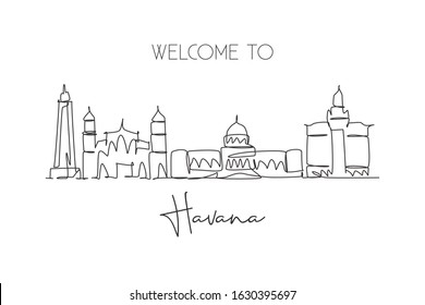 One continuous line drawing Havana city skyline, Cuba. Beautiful landmark postcard print. World landscape tourism travel vacation. Editable stylish stroke single line draw design vector illustration