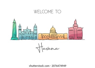 One continuous line drawing Havana city skyline, Cuba. Beautiful landmark postcard print. World landscape tourism travel vacation. Editable stylish stroke single line draw design vector illustration