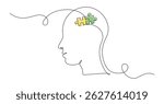 One continuous line drawing of head with puzzle. Mental health and mindfulness psychology concept in simple linear style. Memory concept in editable stroke. Doodle vector illustration