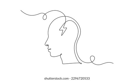 One continuous line drawing head and charging   lightning battery level  Mental health   mindfulness concept in simple linear style  Editable stroke  Doodle vector illustration