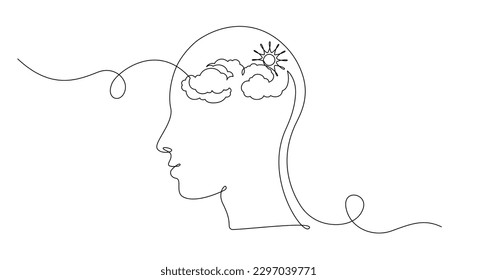 One continuous line drawing of head with cloud and sun. Mental health and mindfullnes psychology concept in simple linear style. Editable stroke. Doodle vector illustration