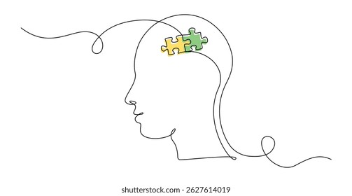 One continuous line drawing of head with puzzle. Mental health and mindfulness psychology concept in simple linear style. Memory concept in editable stroke. Doodle vector illustration