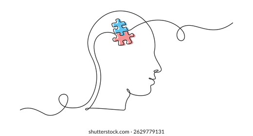 One continuous line drawing of head with puzzle. Mental health and mindfulness psychology concept in simple linear style. Memory concept in editable stroke. Oneline vector illustration