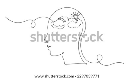 One continuous line drawing of head with cloud and sun. Mental health and mindfullnes psychology concept in simple linear style. Editable stroke. Doodle vector illustration
