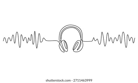 Un dibujo de línea continua de un auricular con una onda de sonido, que simboliza un podcast, radio o música. Ilustración vectorial minimalista.