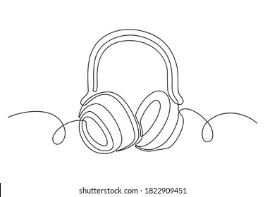 Un dibujo continuo de auriculares para el logotipo. Aparato de sonido dibujado a mano, gadget de música para escuchar canciones y podcast. Ilustración del vector