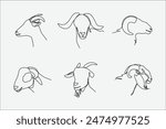 One continuous line drawing of heads of goat and sheep. Concept of farm animal, muslim holiday eid adha, livestock. Editable stroke. Vector illustration.