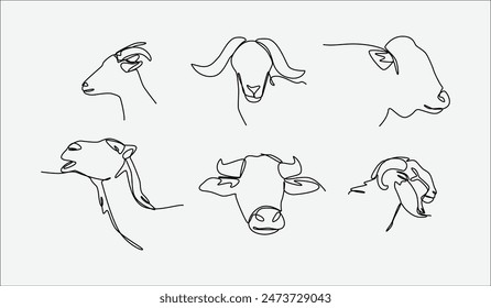 One continuous line drawing of heads of cow, goat, camel and sheep. Concept of farm animal, muslim holiday eid adha, livestock. Editable stroke. Vector illustration.