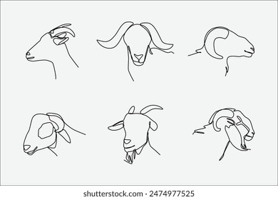 One continuous line drawing of heads of goat and sheep. Concept of farm animal, muslim holiday eid adha, livestock. Editable stroke. Vector illustration.