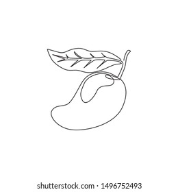 One continuous line drawing of healthy organic mango for orchard logo identity. Fresh tropical fruitage concept for fruit garden icon. Modern single line draw design vector graphic illustration