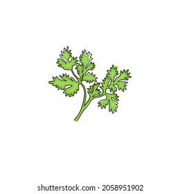 One continuous line drawing of healthy organic coriander leaf for farm logo identity. Fresh Chinese parsley concept for vegetable icon. Modern single line draw design graphic vector illustration