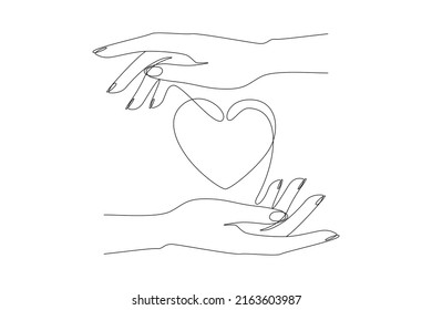 One continuous line drawing heart between hands  Symbol care   save health in simple linear style  Icon concept for volunteering charity   thanksgiving logo  Doodle vector illustration