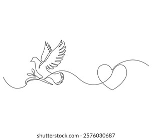 One continuous line drawing of heart with bird. Symbol of Valentine day and romantic moment. Bird love in simple linear style. Editable stroke. Doodle line illustration