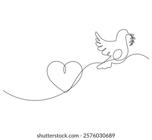 One continuous line drawing of heart with bird. Symbol of Valentine day and romantic moment. Bird love in simple linear style. Editable stroke. Doodle line illustration