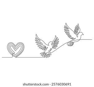 One continuous line drawing of heart with bird. Symbol of Valentine day and romantic moment. Bird love in simple linear style. Editable stroke. Doodle line illustration