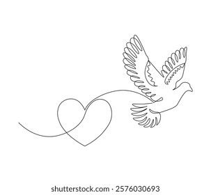 One continuous line drawing of heart with bird. Symbol of Valentine day and romantic moment. Bird love in simple linear style. Editable stroke. Doodle line illustration