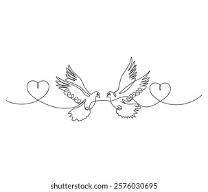 One continuous line drawing of heart with bird. Symbol of Valentine day and romantic moment. Bird love in simple linear style. Editable stroke. Doodle line illustration