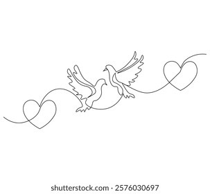 One continuous line drawing of heart with bird. Symbol of Valentine day and romantic moment. Bird love in simple linear style. Editable stroke. Doodle line illustration