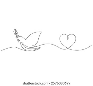 One continuous line drawing of heart with bird. Symbol of Valentine day and romantic moment. Bird love in simple linear style. Editable stroke. Doodle line illustration