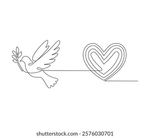 One continuous line drawing of heart with bird. Symbol of Valentine day and romantic moment. Bird love in simple linear style. Editable stroke. Doodle line illustration