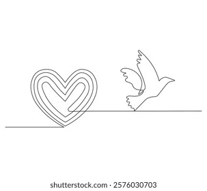 One continuous line drawing of heart with bird. Symbol of Valentine day and romantic moment. Bird love in simple linear style. Editable stroke. Doodle line illustration