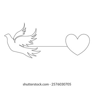 One continuous line drawing of heart with bird. Symbol of Valentine day and romantic moment. Bird love in simple linear style. Editable stroke. Doodle line illustration