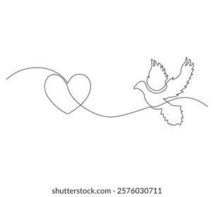 One continuous line drawing of heart with bird. Symbol of Valentine day and romantic moment. Bird love in simple linear style. Editable stroke. Doodle line illustration